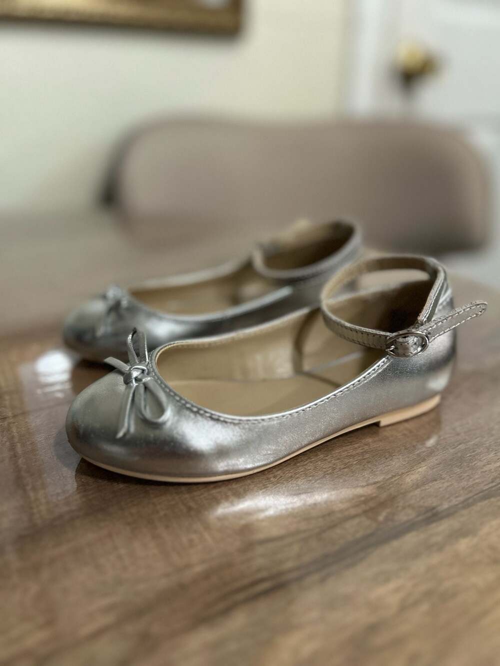Janie and Jack Metallic Silver Ankle Strap Bow Ballet Flats
